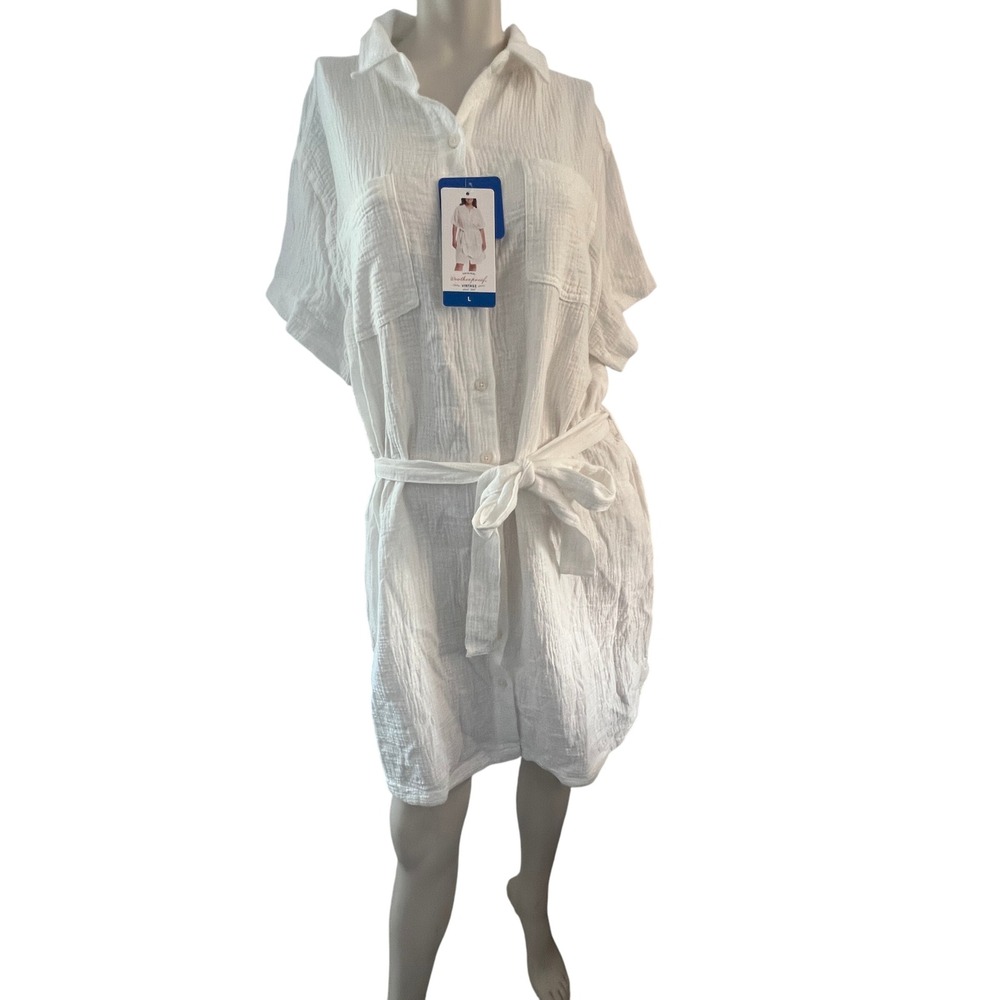Weatherproof Vintage Cream Shirt Dress Large Belted‎ Short Sleeve Casual Gauze